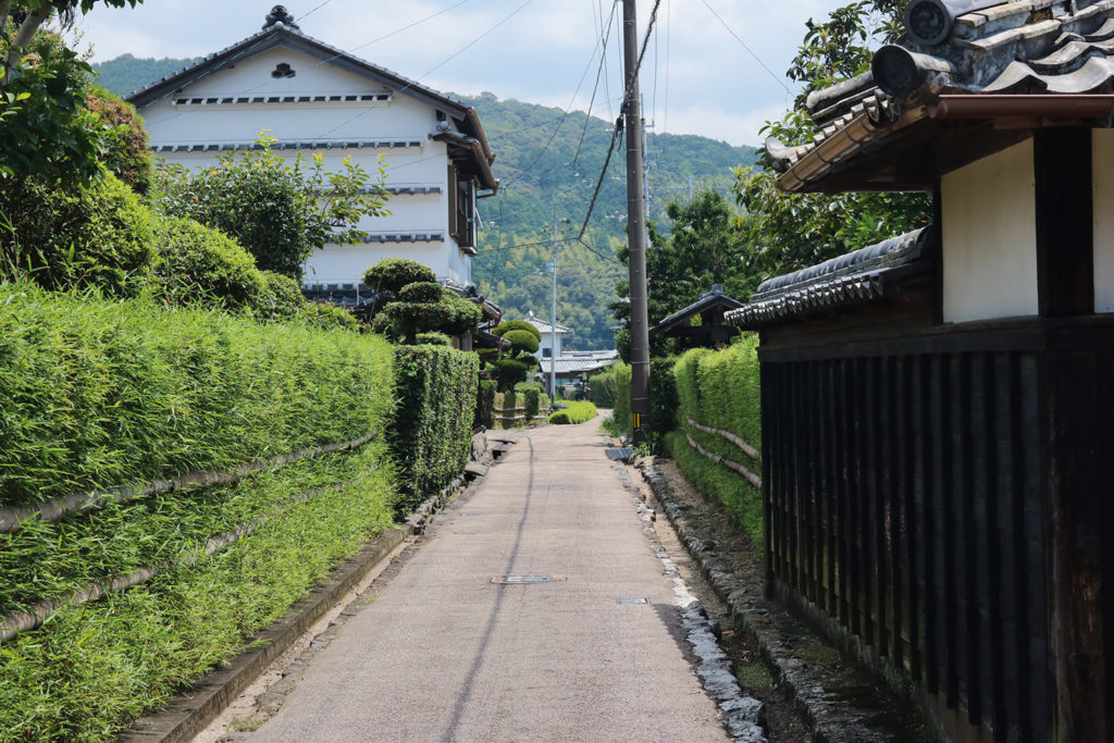 写真：笹の生垣の間の小道。白壁の蔵や木製の塀など、歴史を感じる街並み。