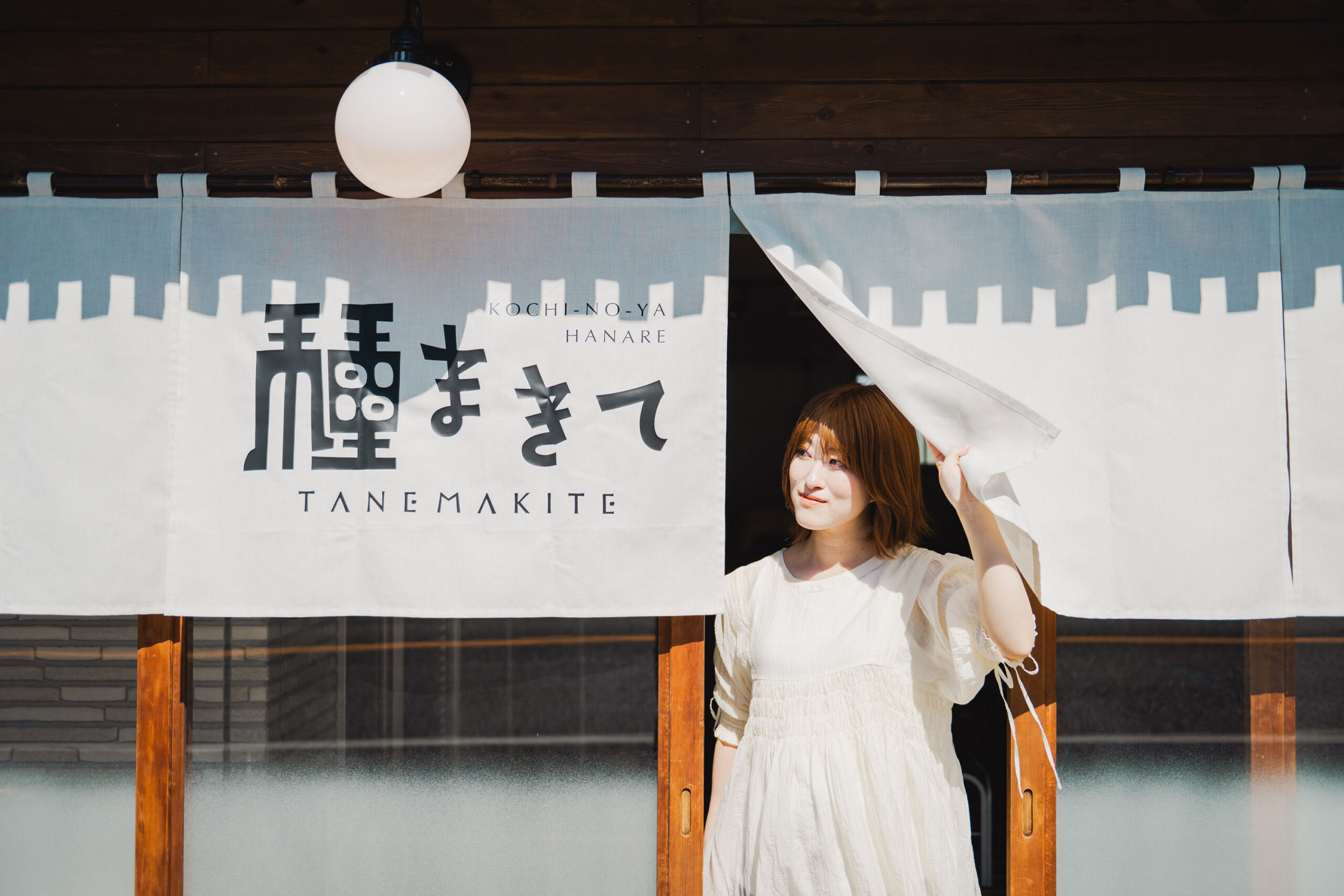 写真:種まきてののれんをくぐって女性が外をのぞいています